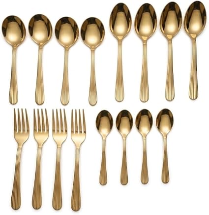 Set of 16 Pure Brass Small Dessert Spoons and Forks - Rose Gold Finish with Line Pattern Grip, Stylish Flatware for Fruit and Snacks