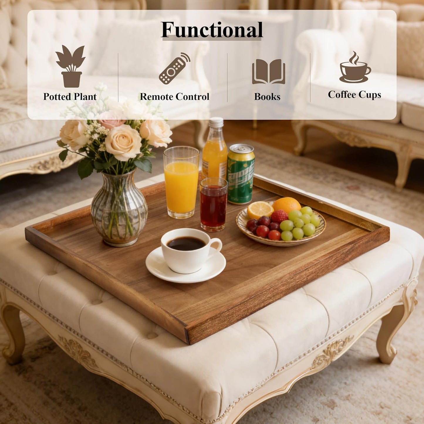 Extra Large 30 Inch Square Ottoman Tray for Living Room, Oversized Acacia Wood Serving Tray for Coffee Table, Food, Snacks, Drinks, Decorative Tray (Light Natural, 30" x 30")