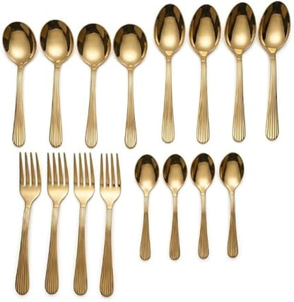 Set of 16 Pure Brass Small Dessert Spoons and Forks - Rose Gold Finish with Line Pattern Grip, Stylish Flatware for Fruit and Snacks