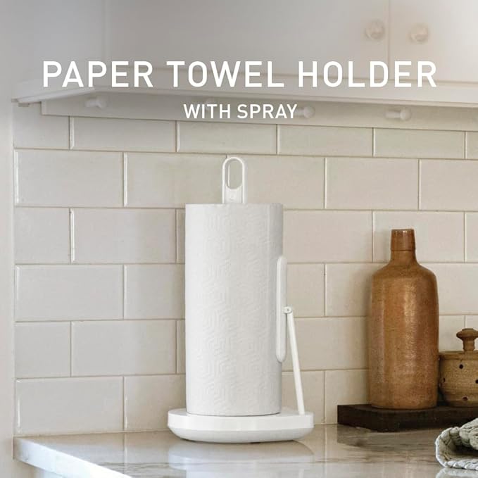 Standing Paper Towel Holder with Spray Pump, White Stainless Steel