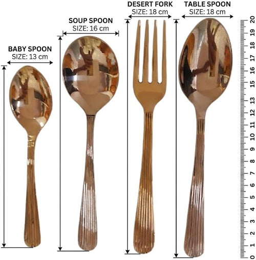 Set of 16 Pure Brass Small Dessert Spoons and Forks - Rose Gold Finish with Line Pattern Grip, Stylish Flatware for Fruit and Snacks