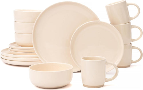 16-Piece Stoneware Dinnerware Set for 4 with Mugs, Plates and Bowls Sets with Partially Unglazed Base, Scratch Resistant Ceramic Dish Set, Microwave & Dishwasher Safe for Kitchen,White