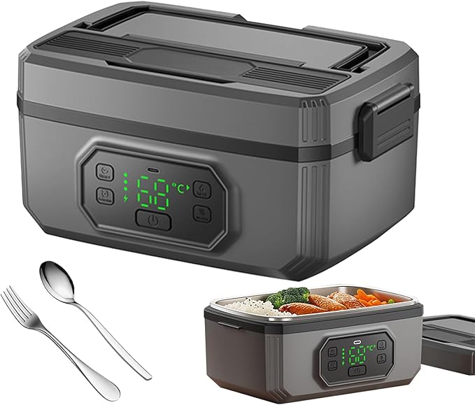 Electric Lunch Box with Battery, 1.2 L, Warming Box with 21,000 mAh Battery, 304 Stainless Steel Inner Containers, 18 W Fast Charge, Removable Compartment, Fork and Spoon, Insulated Bag, Ideal for Camping, Outdoor