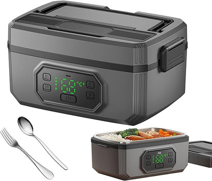 Electric Lunch Box with Battery, 1.2 L, Warming Box with 21,000 mAh Battery, 304 Stainless Steel Inner Containers, 18 W Fast Charge, Removable Compartment, Fork and Spoon, Insulated Bag, Ideal for Camping, Outdoor