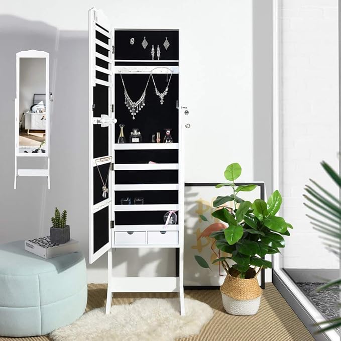 Mirrored cabinet with doors and drawers, white cabinet