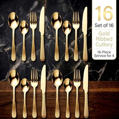 Set of 16 Pure Brass Small Dessert Spoons and Forks - Rose Gold Finish with Line Pattern Grip, Stylish Flatware for Fruit and Snacks