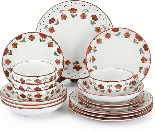 Porcelain Dinnerware Set, 16-Piece Complete Kitchen for Everyday Dining, Plates, Dishes and Double Bowls, with Elegant Pad Printing Deep-Pink Floral, Microwave and Dishwasher Safe, Service for 4
