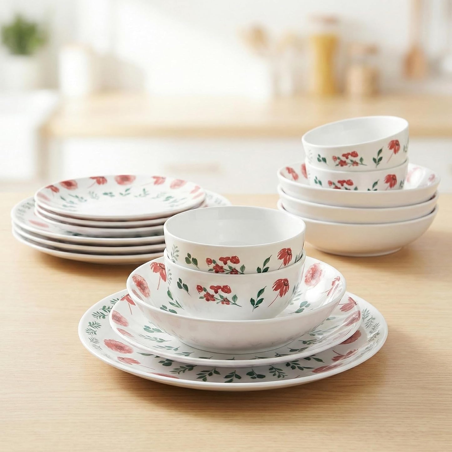 Porcelain Dinnerware Set, 16-Piece Complete Kitchen for Everyday Dining, Plates, Dishes and Double Bowls, with Elegant Pad Printing Deep-Pink Floral, Microwave and Dishwasher Safe, Service for 4