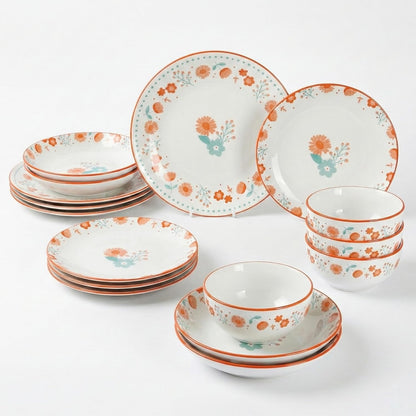 Porcelain Dinnerware Set, 16-Piece Complete Kitchen for Everyday Dining, Plates, Dishes and Double Bowls, with Elegant Pad Printing Deep-Pink Floral, Microwave and Dishwasher Safe, Service for 4