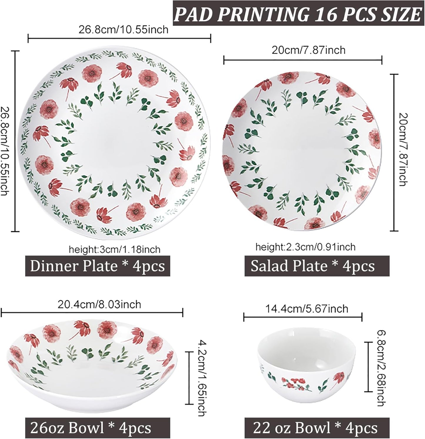 Porcelain Dinnerware Set, 16-Piece Complete Kitchen for Everyday Dining, Plates, Dishes and Double Bowls, with Elegant Pad Printing Deep-Pink Floral, Microwave and Dishwasher Safe, Service for 4