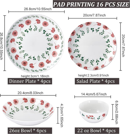 Porcelain Dinnerware Set, 16-Piece Complete Kitchen for Everyday Dining, Plates, Dishes and Double Bowls, with Elegant Pad Printing Deep-Pink Floral, Microwave and Dishwasher Safe, Service for 4