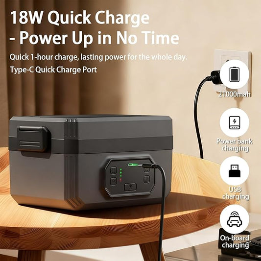Electric Lunch Box with Battery, 1.2 L, Warming Box with 21,000 mAh Battery, 304 Stainless Steel Inner Containers, 18 W Fast Charge, Removable Compartment, Fork and Spoon, Insulated Bag, Ideal for Camping, Outdoor