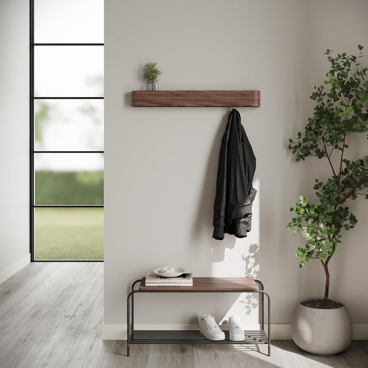 Modern Coat Rack with Hidden Wall Hooks | Coat Rack Panel of Solid Wood Veneer | Walnut