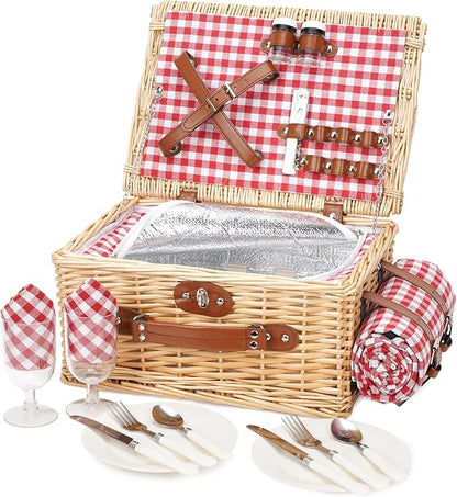 Picnic Basket for 2 People, Picnic Basket Set with Cooler Compartment and Waterproof Picnic Blanket, Cutlery Set, Handmade Wicker Basket, Picnic Basket, Gift for Camping, Beach, Hiking (RotCheck)