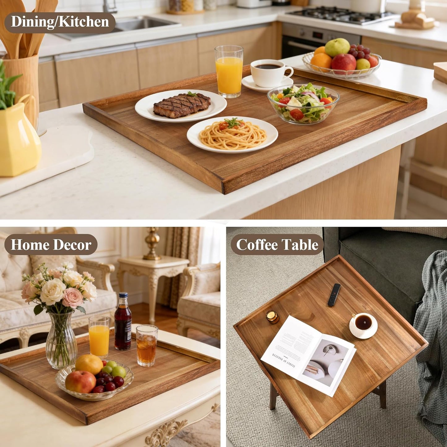 Extra Large 30 Inch Square Ottoman Tray for Living Room, Oversized Acacia Wood Serving Tray for Coffee Table, Food, Snacks, Drinks, Decorative Tray (Light Natural, 30" x 30")