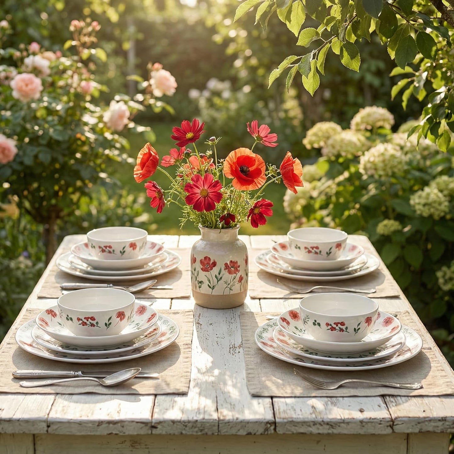 Porcelain Dinnerware Set, 16-Piece Complete Kitchen for Everyday Dining, Plates, Dishes and Double Bowls, with Elegant Pad Printing Deep-Pink Floral, Microwave and Dishwasher Safe, Service for 4