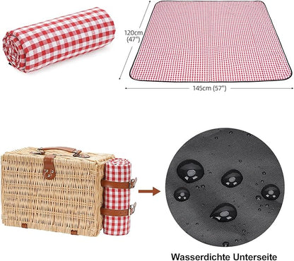 Picnic Basket for 2 People, Picnic Basket Set with Cooler Compartment and Waterproof Picnic Blanket, Cutlery Set, Handmade Wicker Basket, Picnic Basket, Gift for Camping, Beach, Hiking (RotCheck)