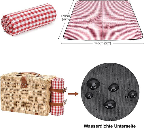Picnic Basket for 2 People, Picnic Basket Set with Cooler Compartment and Waterproof Picnic Blanket, Cutlery Set, Handmade Wicker Basket, Picnic Basket, Gift for Camping, Beach, Hiking (RotCheck)