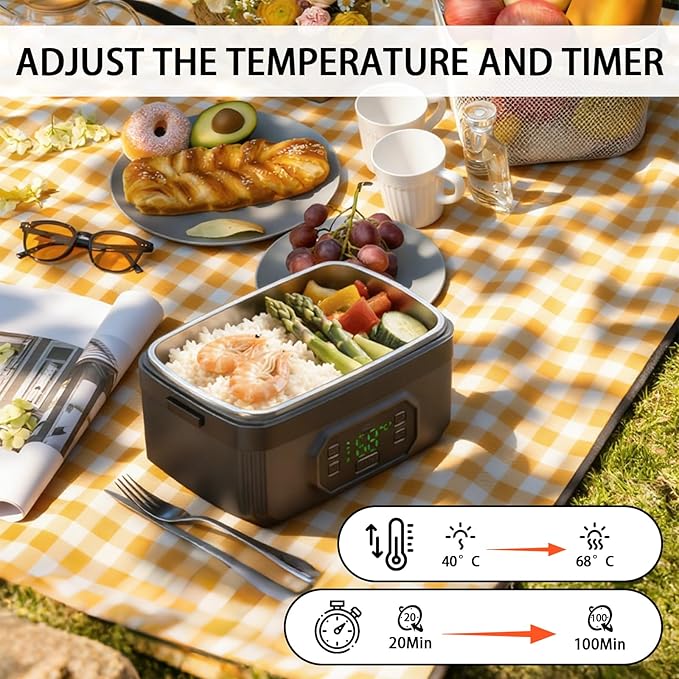 Electric Lunch Box with Battery, 1.2 L, Warming Box with 21,000 mAh Battery, 304 Stainless Steel Inner Containers, 18 W Fast Charge, Removable Compartment, Fork and Spoon, Insulated Bag, Ideal for Camping, Outdoor