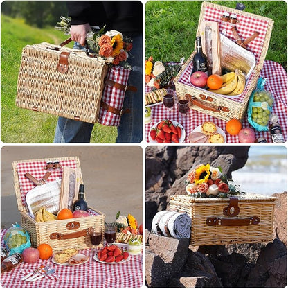 Picnic Basket for 2 People, Picnic Basket Set with Cooler Compartment and Waterproof Picnic Blanket, Cutlery Set, Handmade Wicker Basket, Picnic Basket, Gift for Camping, Beach, Hiking (RotCheck)