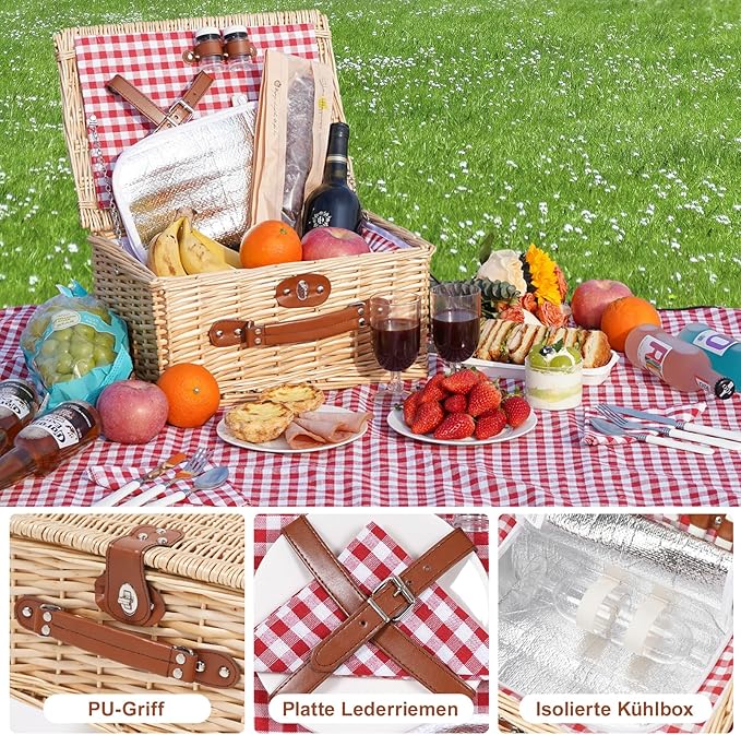 Picnic Basket for 2 People, Picnic Basket Set with Cooler Compartment and Waterproof Picnic Blanket, Cutlery Set, Handmade Wicker Basket, Picnic Basket, Gift for Camping, Beach, Hiking (RotCheck)