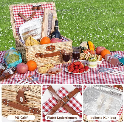 Picnic Basket for 2 People, Picnic Basket Set with Cooler Compartment and Waterproof Picnic Blanket, Cutlery Set, Handmade Wicker Basket, Picnic Basket, Gift for Camping, Beach, Hiking (RotCheck)