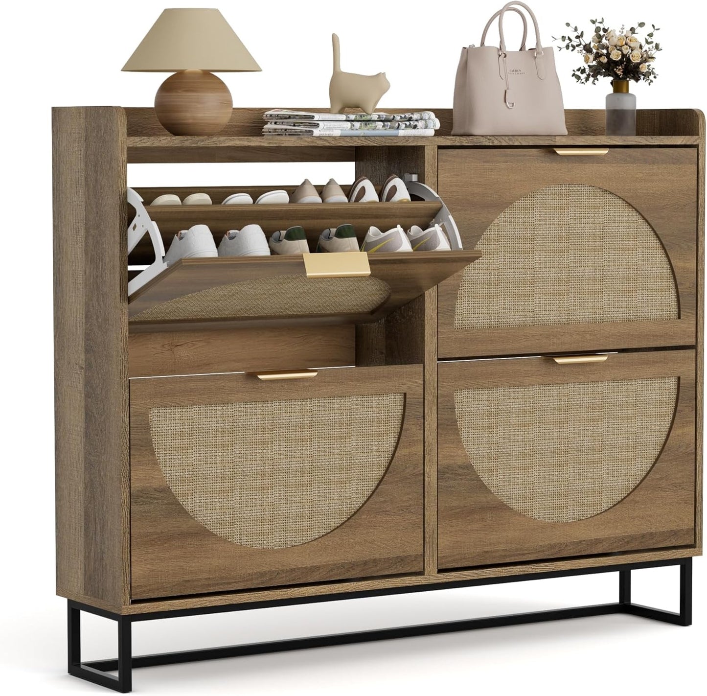 Narrow 4-Flap Adjustable Wooden Shoe Cabinet