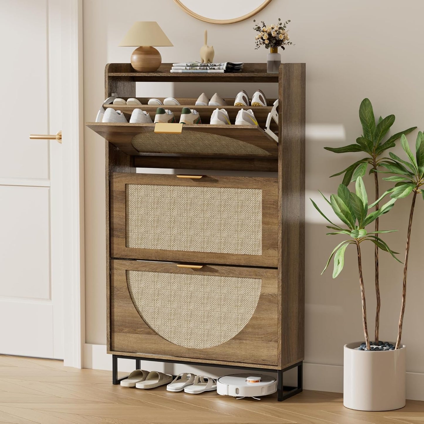 Narrow 4-Flap Adjustable Wooden Shoe Cabinet