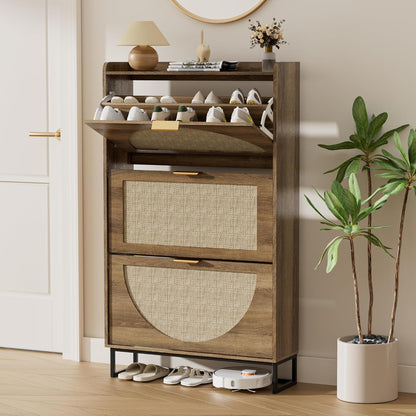 Narrow 4-Flap Adjustable Wooden Shoe Cabinet