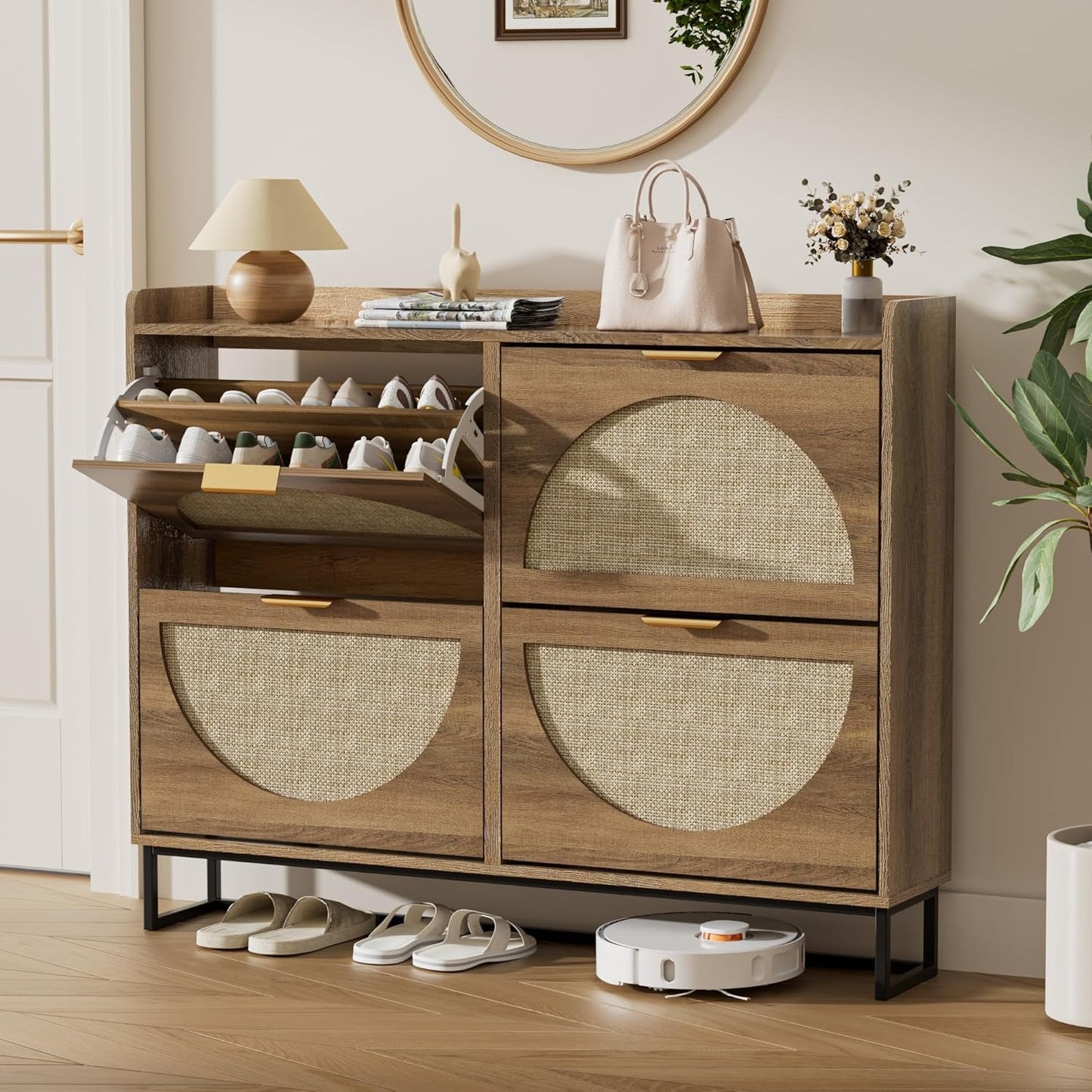 Narrow 4-Flap Adjustable Wooden Shoe Cabinet